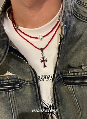十字花红色串珠锁骨链男颈链嘻哈风项链小众设计高级感女生毛衣链