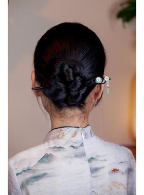 双面古风黑檀木发簪女盘发器汉服流苏花朵流苏步摇发钗簪子