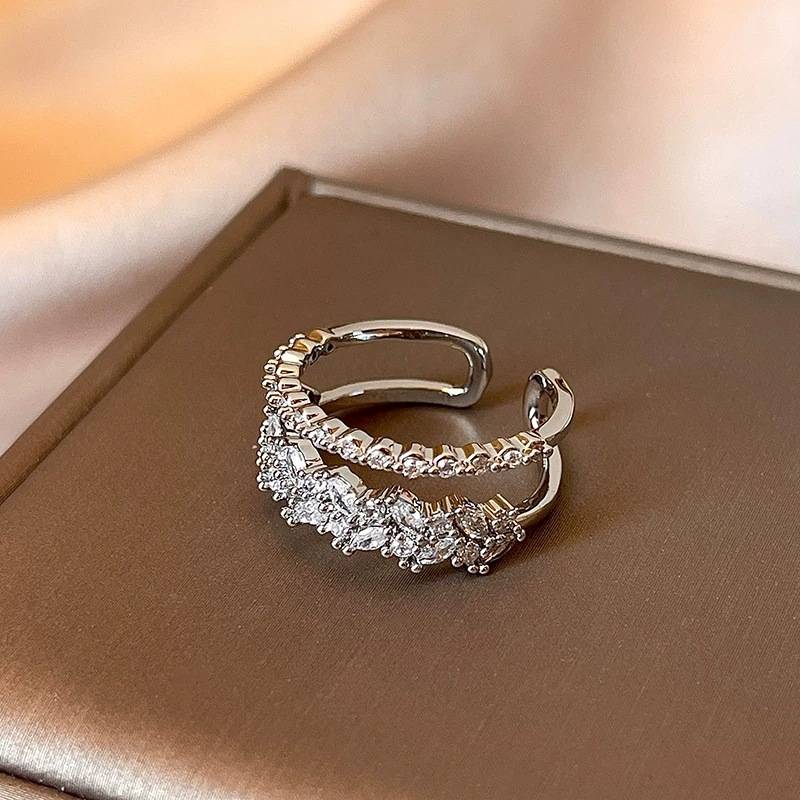 Silver zircon wheat ear double-layer open ring, light luxury, exquisite, compact, high-end, unique design, cold style hand jewelry