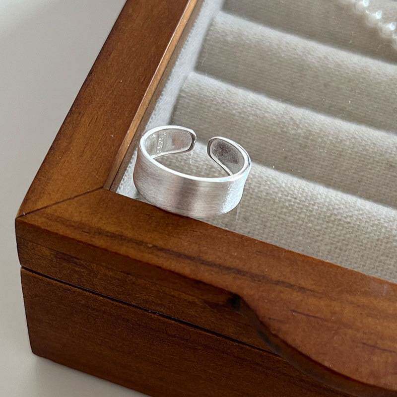 S925 sterling silver frosted brushed ring women's niche personality Korean style fashion geometric plain silver wide ring