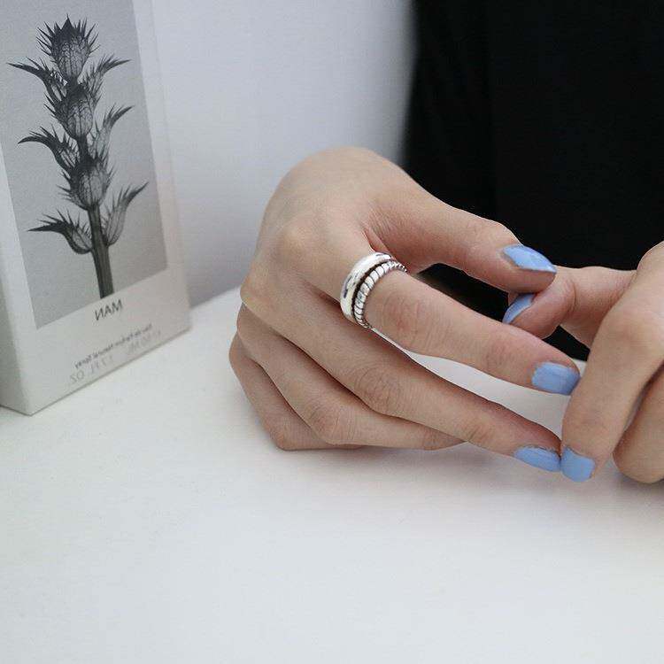 Geometric Twist Double Layer Ring Women's Retro Fashion S925 Silver Irregular Open Ring Hip-Hop Punk Index Finger Ring