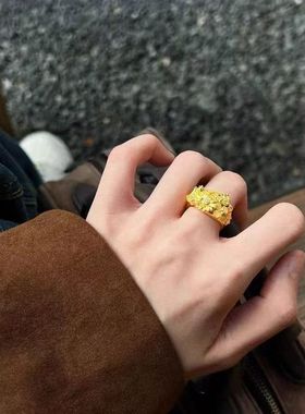 S925纯银繁花锦簇戒指拉丝黄金色花卉指环高颜值气质尾戒礼物