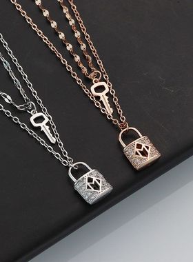 s925纯银项链女百搭韩版小众锁芯钥匙双层轻奢吊坠气质新款锁骨链