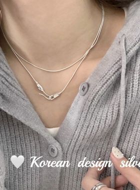韩国东大门小众设计款银饰S925纯银气质毛衣链双扣双层项链显锁骨