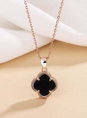 黑色四叶草项链女S999纯银轻奢小众吊坠装饰品情人节礼物送女朋友