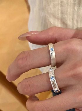 S925纯银蓝色锆石星芒戒指个性中古风vintage高级感拉丝条纹指环