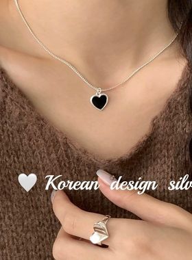 韩国东大门饰品批发 S925纯银黑色爱心滴胶锁骨项链 ins风女叠戴