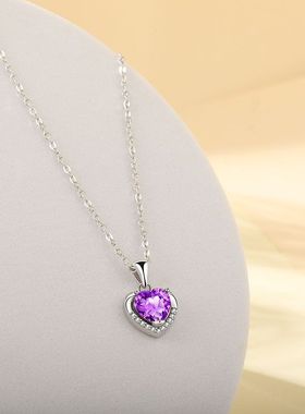 S999纯银永恒之心项链锁骨链女爱心蓝色心形吊坠情人节礼物送女友