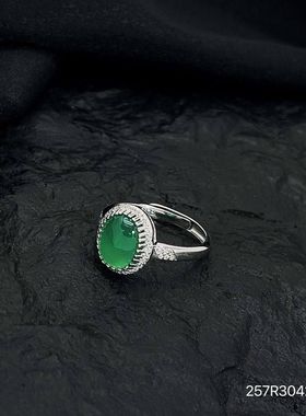 s925纯银玉髓祖母绿戒指女个性开口时尚食指戒复古年轻款百搭指环