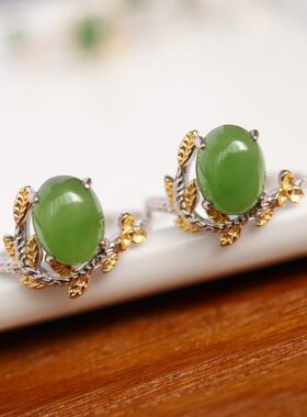 工厂天然菠菜绿和田玉碧玉戒指