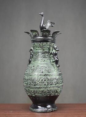 古董青铜花瓶摆件仙鹤展翅圆壶家居风水礼品客厅装饰插花双虎花瓶