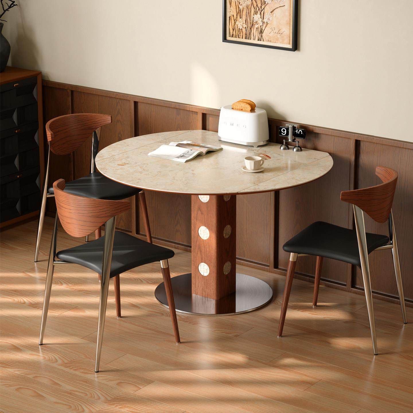 木小咖中古胡桃色实木小户型家用可变圆桌伸缩折叠功能岩板餐桌椅,淘宝优惠券,粉丝福利购,淘宝优惠卷