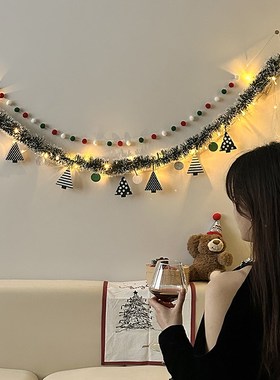 圣诞节装饰摆件毛条圣诞树拉旗彩旗彩条灯串拍照道具氛围场景布置