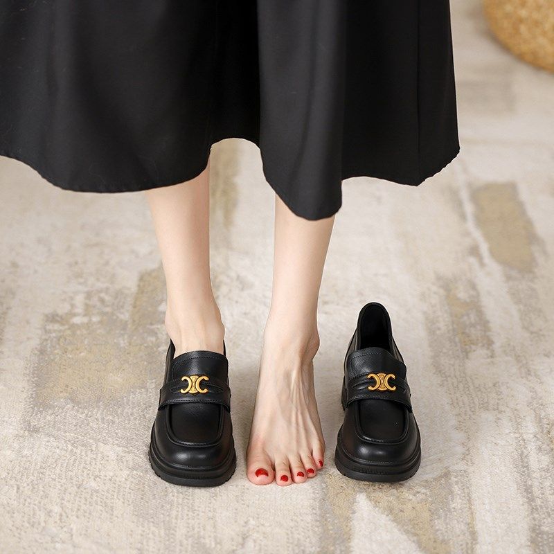 厚底加绒乐福鞋英伦风凯旋门小皮鞋女小码33黑色一脚蹬内增高单鞋,淘宝优惠券,粉丝福利购,淘宝优惠卷