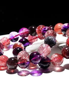 天然黑加仑彩超七j手链女单圈金草莓云母片骨干满发丝紫红超七水