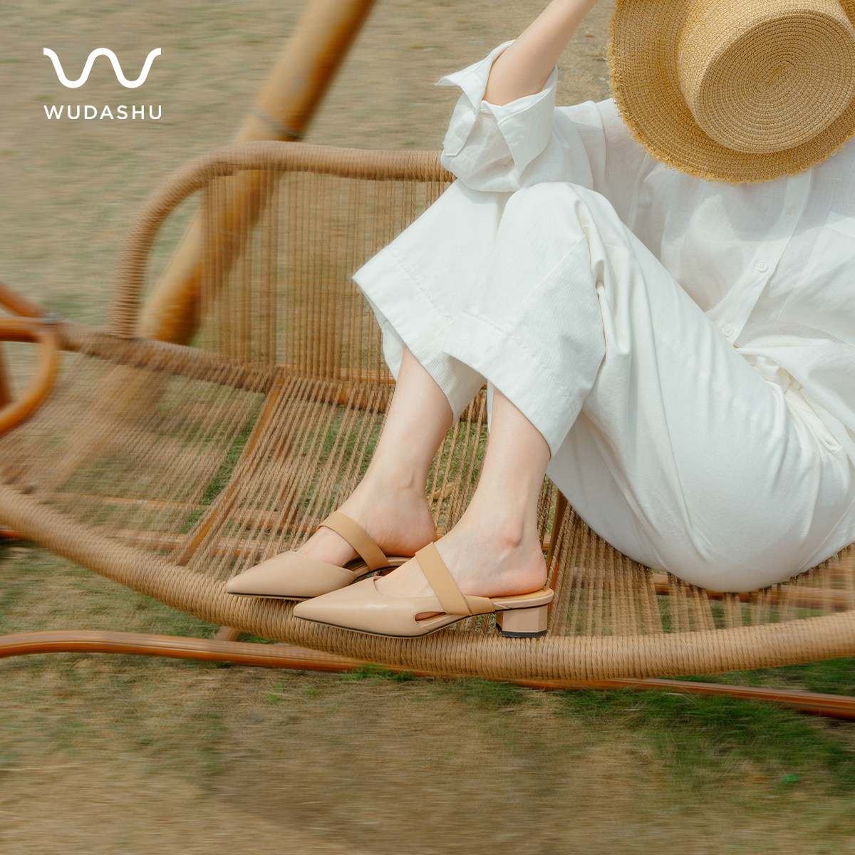 吴大叔2025新款夏真皮柔软尖头一字带拖鞋女高跟鞋粗跟百搭时尚,淘宝优惠券,粉丝福利购,淘宝优惠卷