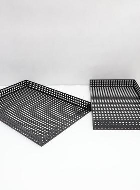 现代简约矩形黑色空心防漏收纳托盘金属饰品客厅咖啡桌家居软装饰