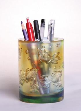 琉璃金玉满堂鱼笔筒实用摆件书房办公桌面装饰送老师朋友生日礼物