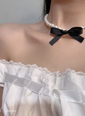 物种 张元英同款甜美粉色丝带气质百搭蝴蝶结女团风珍珠锁骨项链