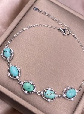 松石手链S925银镶嵌通勤百搭时尚OL精致简约女款湖北绿松石手饰品