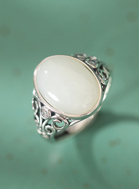 S925纯银指环个性蛋面复古如意首饰古典气质女士南红玛瑙戒指