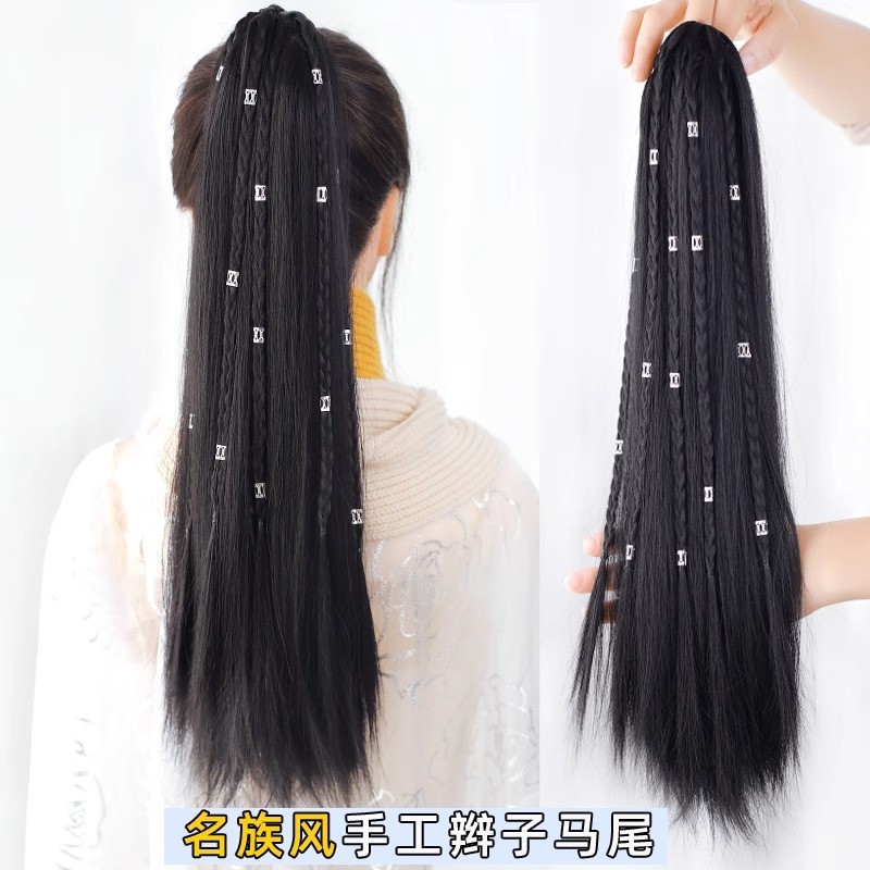 假发马尾抓夹直发女古装侠客古风汉服造型辫子藏族女团假发高马尾 - 图0