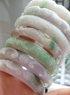 翡翠A货仿古雕花手镯细糯种水阳绿飘花紫罗兰仿古雕花镯圈口53-58