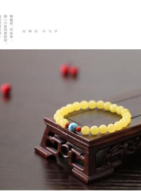 天然鸡油黄蜜蜡手链女款手串搭配原矿绿松石南红单圈蜜蜡手链女夏