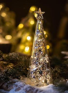 掬涵玻璃圣诞树桌面摆件装饰灯闪亮发光小夜灯商场橱窗场景布置