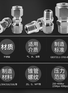 304不锈钢卡套接头铜管外螺纹直通外丝气源仪表式钢管快速连接件8
