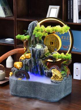 流水摆件循环水高山风水轮办业招财桌面假送山客厅公室生财H50058