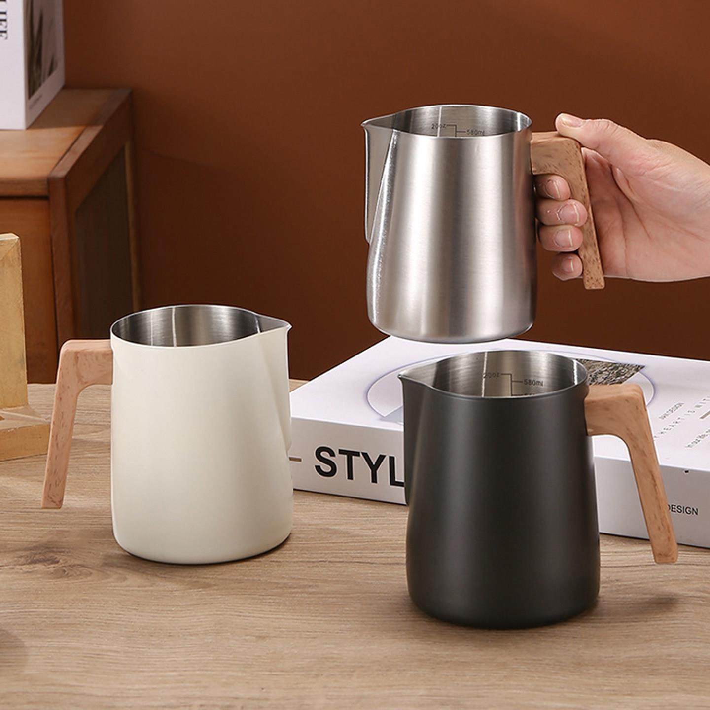 304不锈钢木柄尖嘴拉花杯咖啡拉花缸打奶缸带刻度拉花壶奶泡壶,淘宝优惠券,粉丝福利购,淘宝优惠卷