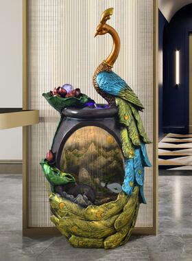 中国风孔雀流水喷泉摆件客厅装饰美容院入口水景乔迁开幕礼