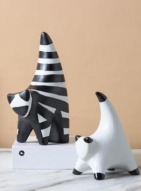 欧式简约黑白条纹猫艺术摆件玄关电视柜样板间客厅茶几家居装饰品