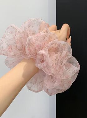粉色半透明碎花网纱猪大肠发圈少女心高弹力头绳四季百搭蓬松发饰