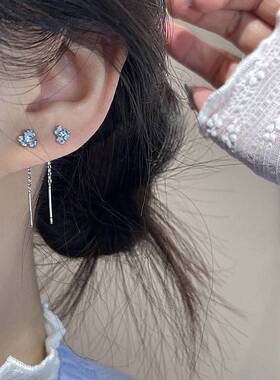 s925银针蓝色鸢尾花流苏耳线女轻奢小众高级感精致百搭显脸瘦耳饰