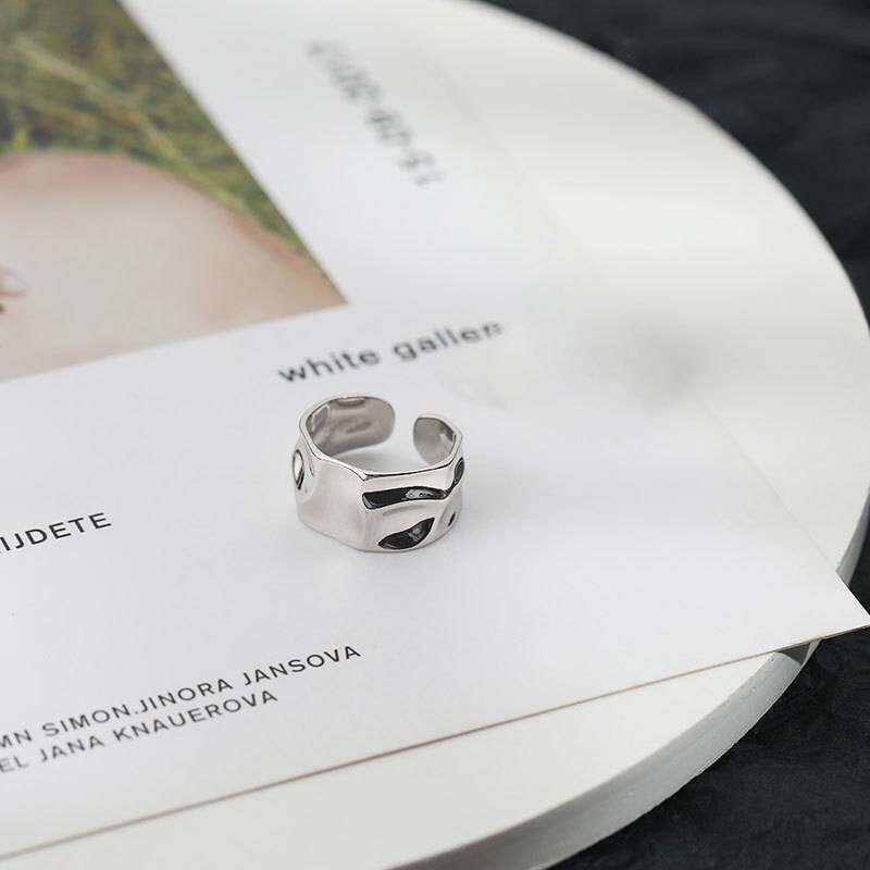Japanese and Korean irregular concave and convex rings for women 925 sterling silver niche design hollow simple glossy opening index finger ring trendy