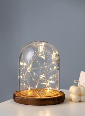 促销DIY永生花玻璃罩创意摆件居家装饰透明防尘 火树银花底座带灯
