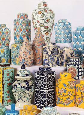 中欧式家居装饰粉彩陶瓷储物罐民宿客厅电视柜摆件玄关博古架摆设