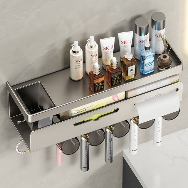 Toilet toothbrush holder brush cup storage rack without punching integrated wall-mounted multi-functional tissue hair dryer storage
