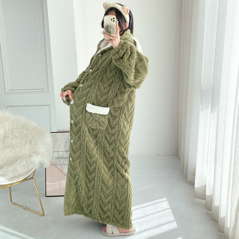 超长提花法兰绒睡裙开衫加厚加长睡袍大码加绒宽松胖MM睡衣女冬季,淘宝优惠券,粉丝福利购,淘宝优惠卷