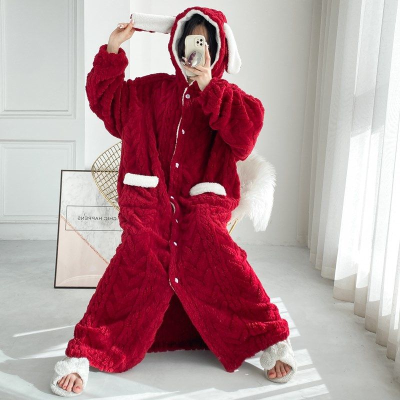 超长提花法兰绒睡裙开衫加厚加长睡袍大码加绒宽松胖MM睡衣女冬季,淘宝优惠券,粉丝福利购,淘宝优惠卷