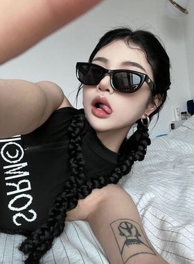 网红复古猫眼黑色辣妹欧美个性墨镜女高级感小脸防紫外线太阳眼镜