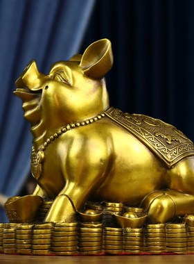 纯铜百财金猪摆件生肖猪拉白菜富贵猪客厅办公室桌面装饰送礼