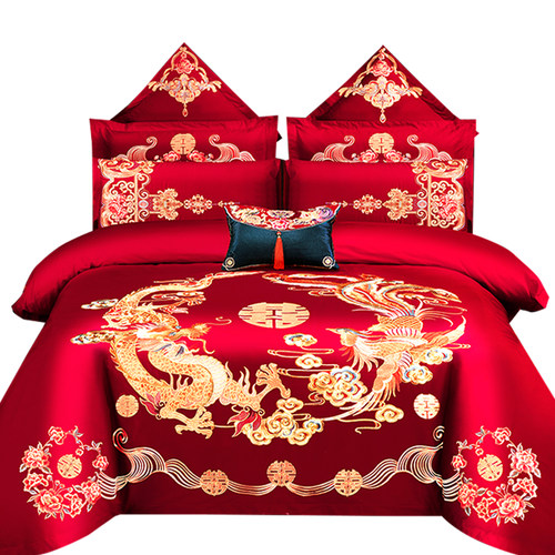 婚庆四件套大红龙凤刺绣新婚六八十件套结婚喜庆套件绣花床上用品 - 图3