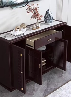 新中式餐边柜乌金木玄关柜客厅实木储物柜现代简约实木岩板餐边柜