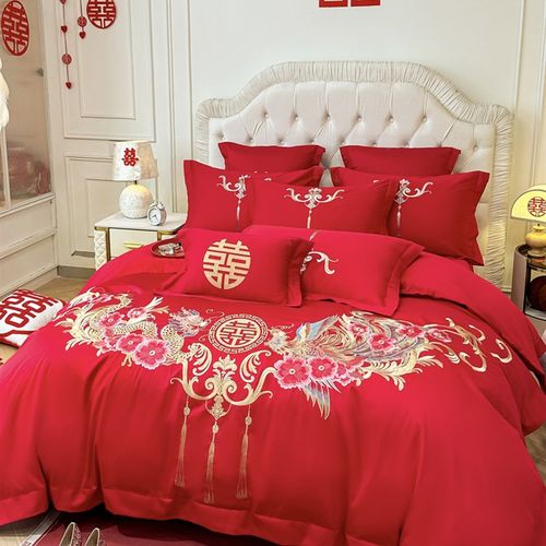 高级感新款龙凤刺绣婚庆四件套红色新婚被套床单高档结婚喜被床品 - 图1