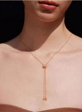 垂落绳结锁骨链抽拉设计中长款叠戴项链毛衣链抽拉可调节项链