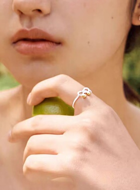 创意蝴蝶结开口戒指女银色金珠子装饰可调节指环简约精致复古百搭