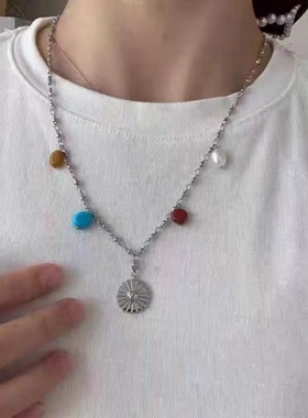 简约彩色吊坠项链女高级感轻奢小众精致百搭时尚气质个性锁骨链